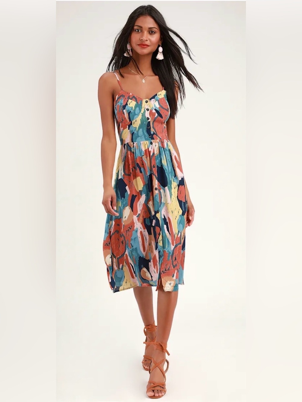 ROLLA’S Eve Painted Tulip Rust Orange Multi Print Button-Up Midi Dress